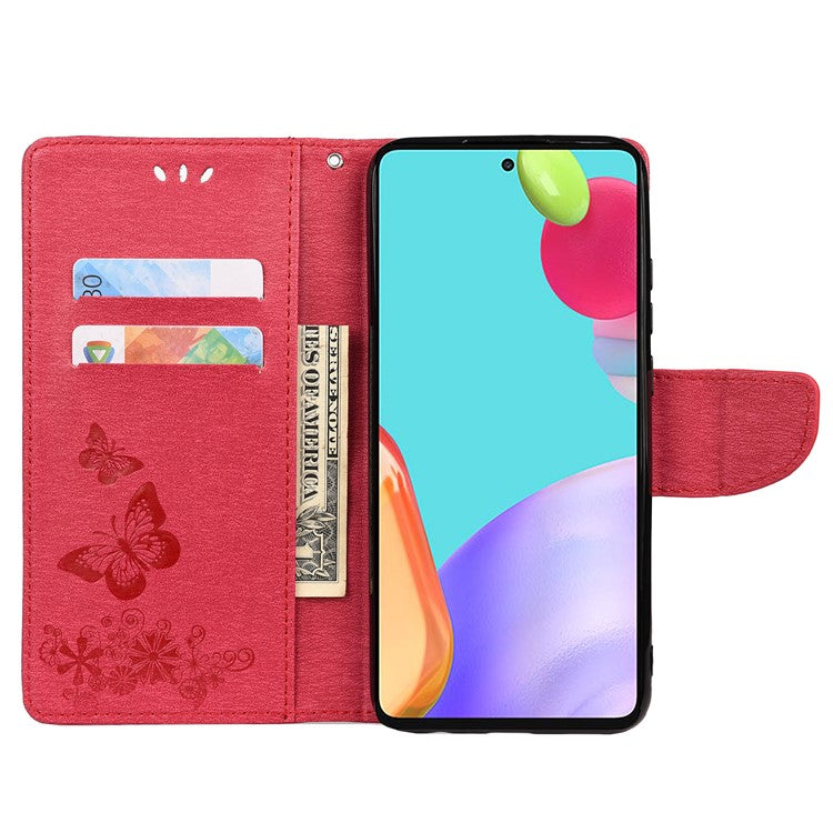 For Samsung Galaxy A33 5G Butterfly Flower Imprinted Shockproof Leather Case Phone Protector with Stand Wallet - Red