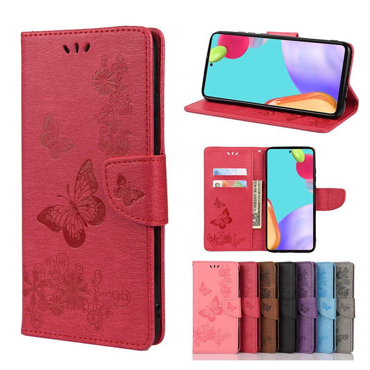 For Samsung Galaxy A33 5G Butterfly Flower Imprinted Shockproof Leather Case Phone Protector with Stand Wallet - Red