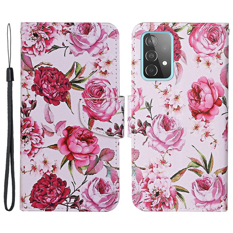 For Samsung Galaxy A33 5G Cross Texture PU Leather Folio Flip Stand Cover Pattern Printing Wallet Case with Strap - Peony Flowers
