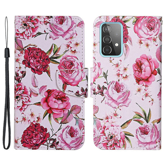 For Samsung Galaxy A33 5G Cross Texture PU Leather Folio Flip Stand Cover Pattern Printing Wallet Case with Strap - Peony Flowers