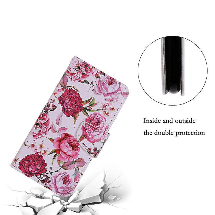 For Samsung Galaxy A33 5G Cross Texture PU Leather Folio Flip Stand Cover Pattern Printing Wallet Case with Strap - Peony Flowers