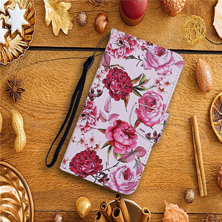 For Samsung Galaxy A33 5G Cross Texture PU Leather Folio Flip Stand Cover Pattern Printing Wallet Case with Strap - Peony Flowers
