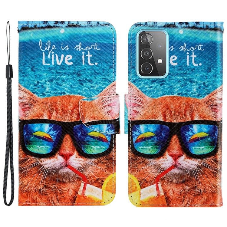 PU Leather + TPU Phone Case Pattern Printing Stand Wallet Protective Shell with Strap for Samsung Galaxy A53 5G - Cat