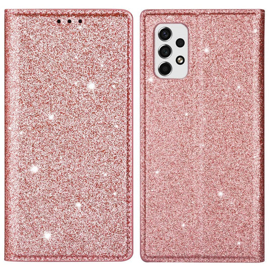 For Samsung Galaxy A33 5G Glitter Sequins Stand Card Holder PU Leather Shockproof Protective Phone Case Cover - Rose Gold