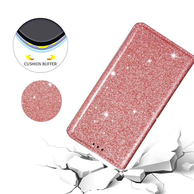 For Samsung Galaxy A33 5G Glitter Sequins Stand Card Holder PU Leather Shockproof Protective Phone Case Cover - Rose Gold