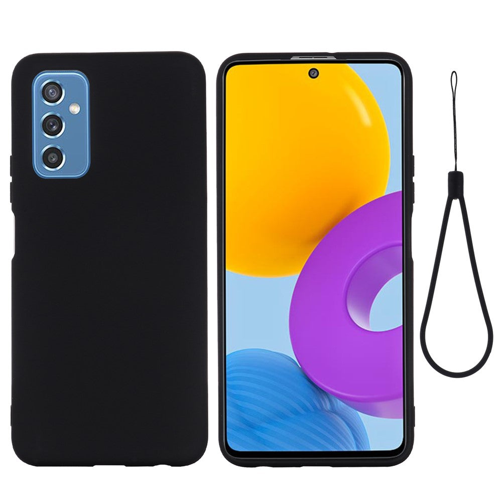 Soft Liquid Silicone Anti-drop Phone Protective Back Case Cover with Wrist Strap for Samsung Galaxy M52 5G - Black
