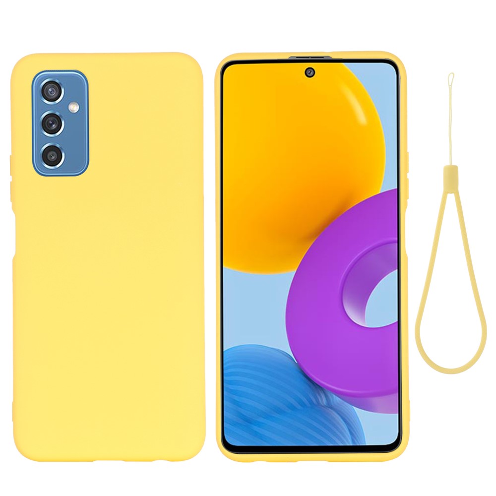 Soft Liquid Silicone Anti-drop Phone Protective Back Case Cover with Wrist Strap for Samsung Galaxy M52 5G - Yellow