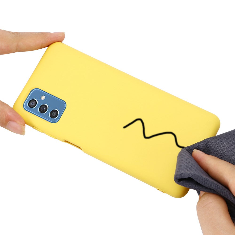 Soft Liquid Silicone Anti-drop Phone Protective Back Case Cover with Wrist Strap for Samsung Galaxy M52 5G - Yellow