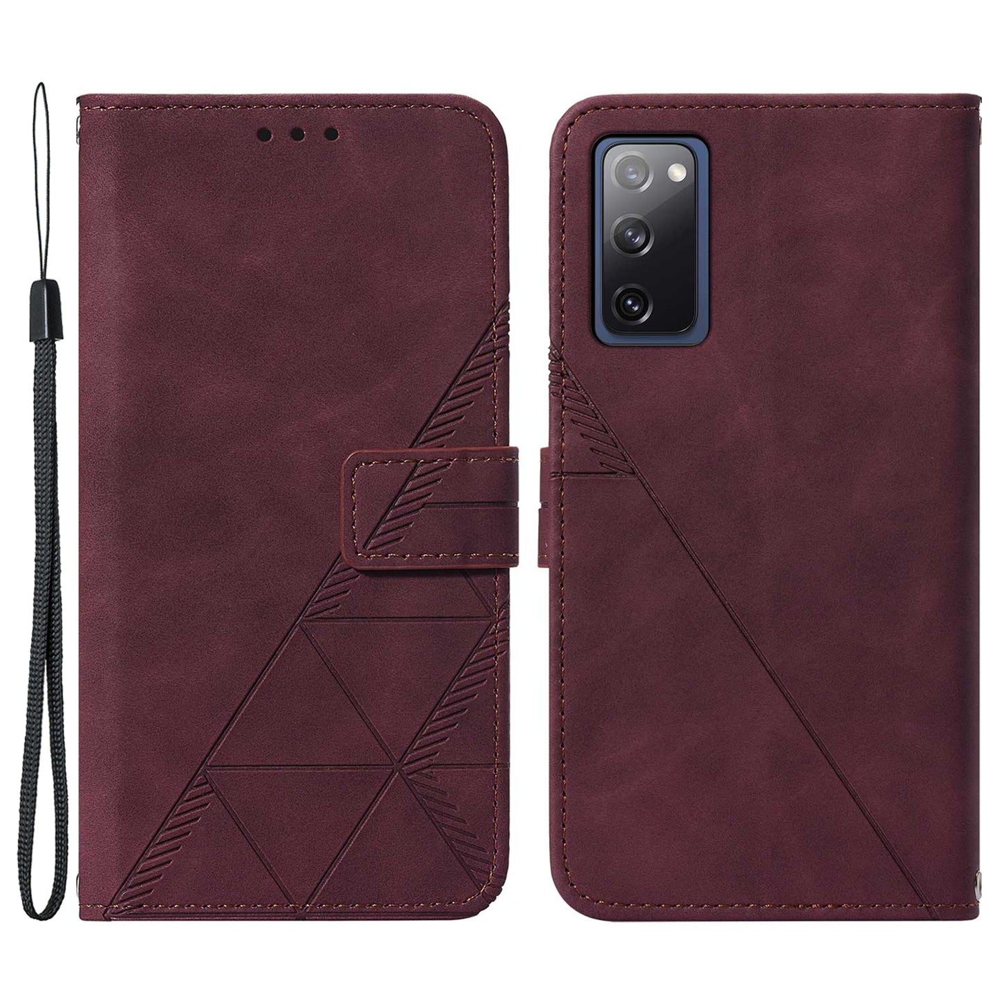 PU Leather Wallet Case Stand Lines Imprinted Flip Protective Cover with Strap for Samsung Galaxy S20 FE 2022/S20 FE/S20 FE 5G / S20 Lite - Wine Red