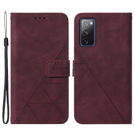 PU Leather Wallet Case Stand Lines Imprinted Flip Protective Cover with Strap for Samsung Galaxy S20 FE 2022/S20 FE/S20 FE 5G / S20 Lite - Wine Red