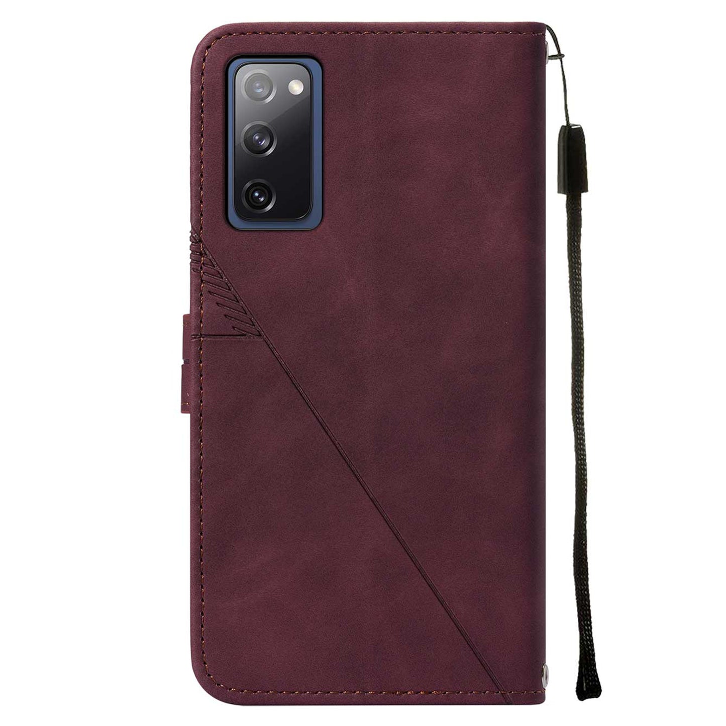 PU Leather Wallet Case Stand Lines Imprinted Flip Protective Cover with Strap for Samsung Galaxy S20 FE 2022/S20 FE/S20 FE 5G / S20 Lite - Wine Red