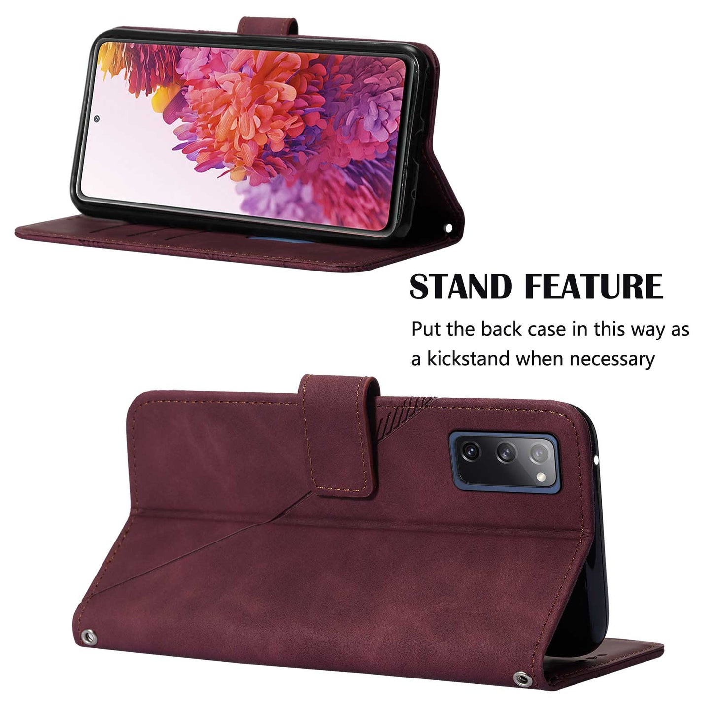 PU Leather Wallet Case Stand Lines Imprinted Flip Protective Cover with Strap for Samsung Galaxy S20 FE 2022/S20 FE/S20 FE 5G / S20 Lite - Wine Red