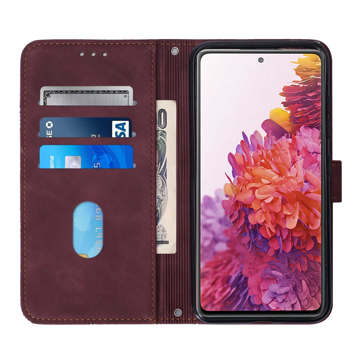 PU Leather Wallet Case Stand Lines Imprinted Flip Protective Cover with Strap for Samsung Galaxy S20 FE 2022/S20 FE/S20 FE 5G / S20 Lite - Wine Red