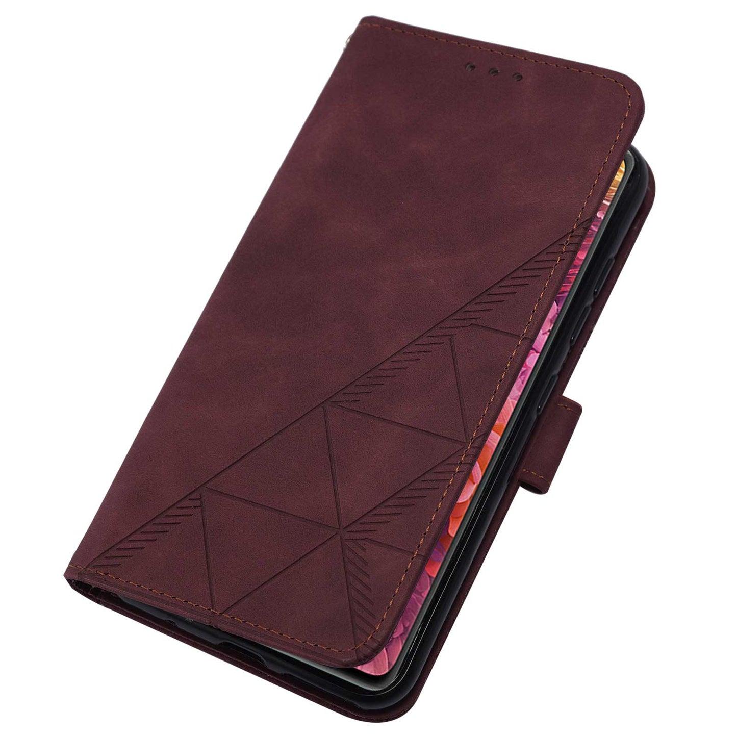 PU Leather Wallet Case Stand Lines Imprinted Flip Protective Cover with Strap for Samsung Galaxy S20 FE 2022/S20 FE/S20 FE 5G / S20 Lite - Wine Red