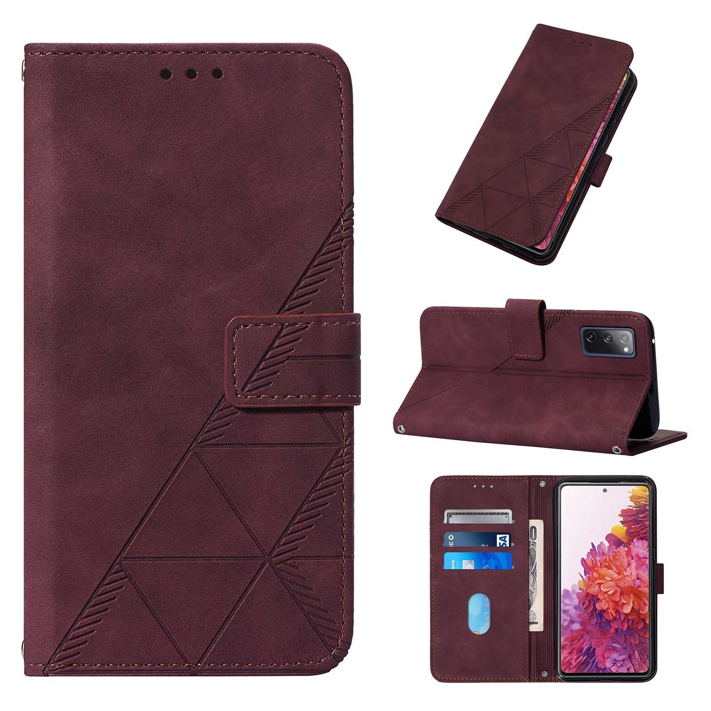 PU Leather Wallet Case Stand Lines Imprinted Flip Protective Cover with Strap for Samsung Galaxy S20 FE 2022/S20 FE/S20 FE 5G / S20 Lite - Wine Red