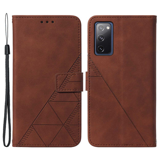 PU Leather Wallet Case Stand Lines Imprinted Flip Protective Cover with Strap for Samsung Galaxy S20 FE 2022/S20 FE/S20 FE 5G / S20 Lite - Brown