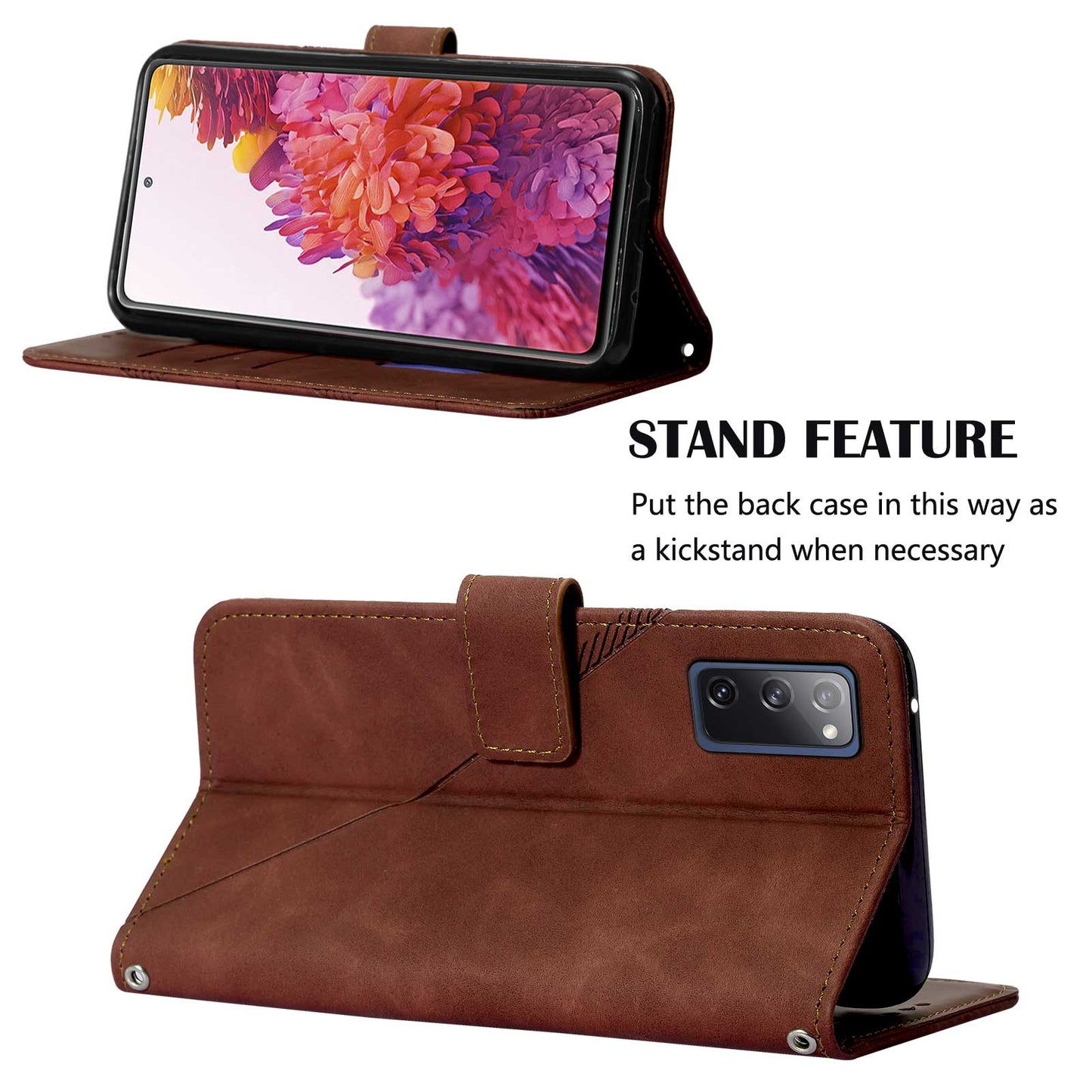 PU Leather Wallet Case Stand Lines Imprinted Flip Protective Cover with Strap for Samsung Galaxy S20 FE 2022/S20 FE/S20 FE 5G / S20 Lite - Brown