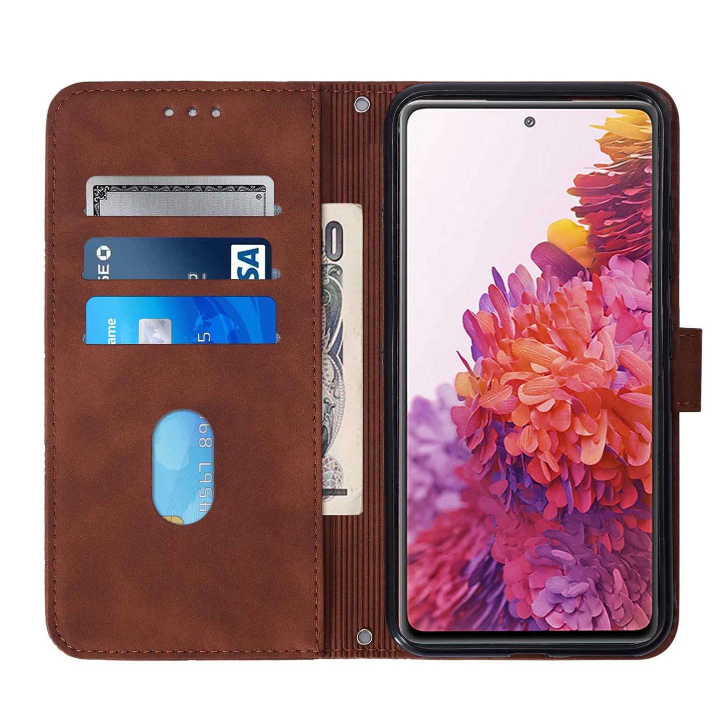 PU Leather Wallet Case Stand Lines Imprinted Flip Protective Cover with Strap for Samsung Galaxy S20 FE 2022/S20 FE/S20 FE 5G / S20 Lite - Brown