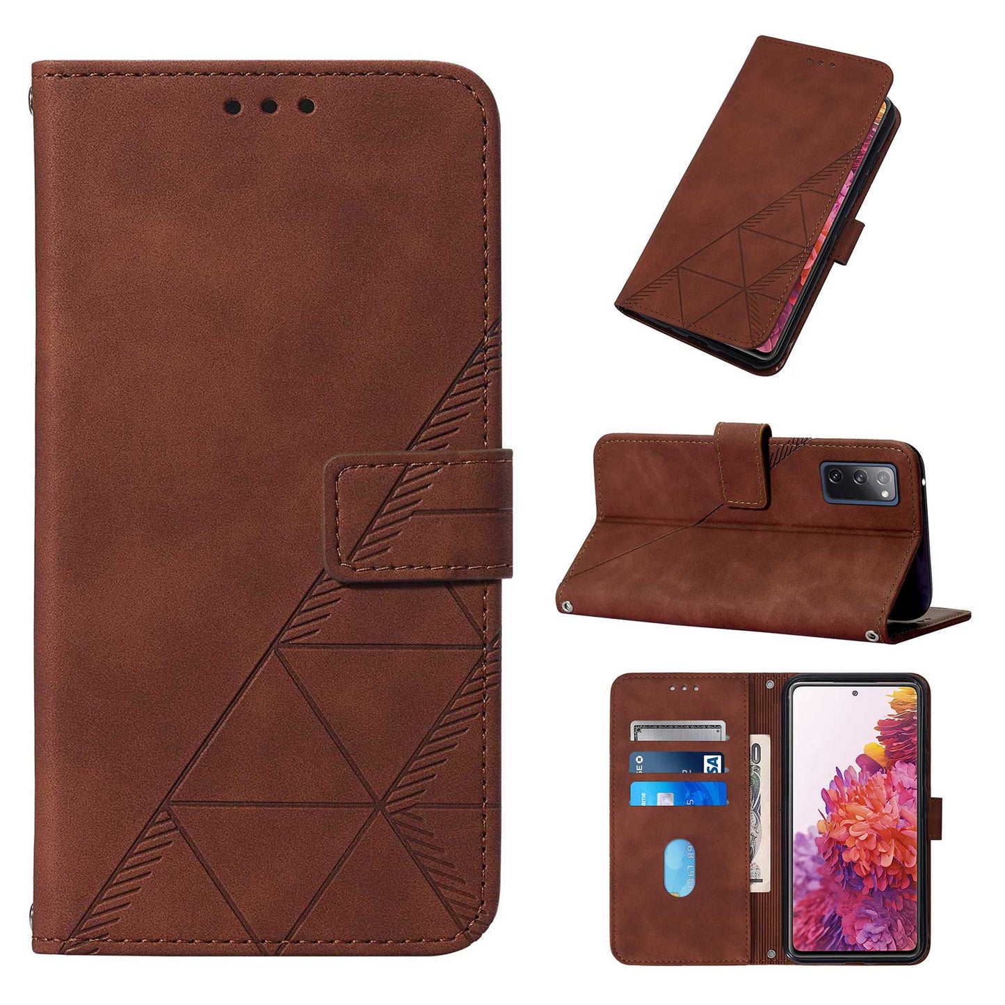 PU Leather Wallet Case Stand Lines Imprinted Flip Protective Cover with Strap for Samsung Galaxy S20 FE 2022/S20 FE/S20 FE 5G / S20 Lite - Brown