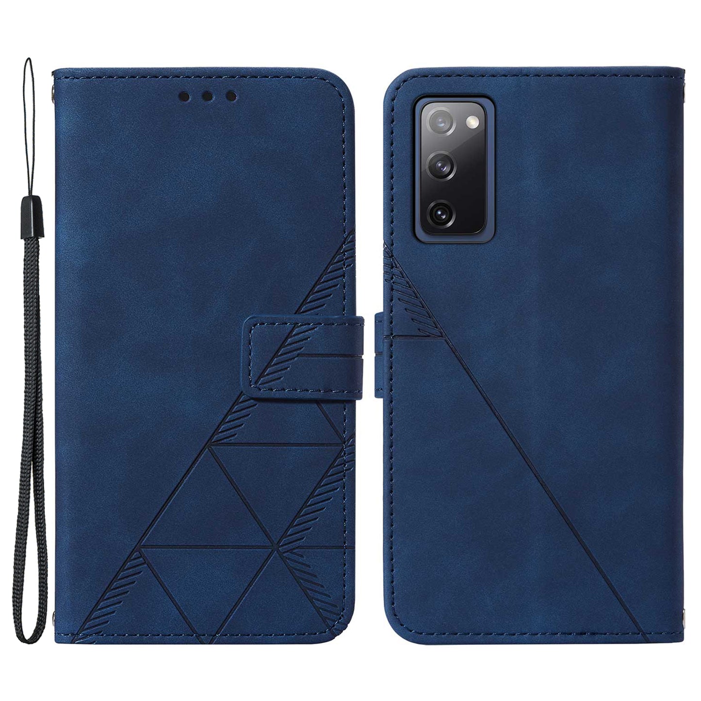 PU Leather Wallet Case Stand Lines Imprinted Flip Protective Cover with Strap for Samsung Galaxy S20 FE 2022/S20 FE/S20 FE 5G / S20 Lite - Sapphire