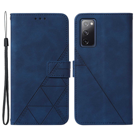 PU Leather Wallet Case Stand Lines Imprinted Flip Protective Cover with Strap for Samsung Galaxy S20 FE 2022/S20 FE/S20 FE 5G / S20 Lite - Sapphire
