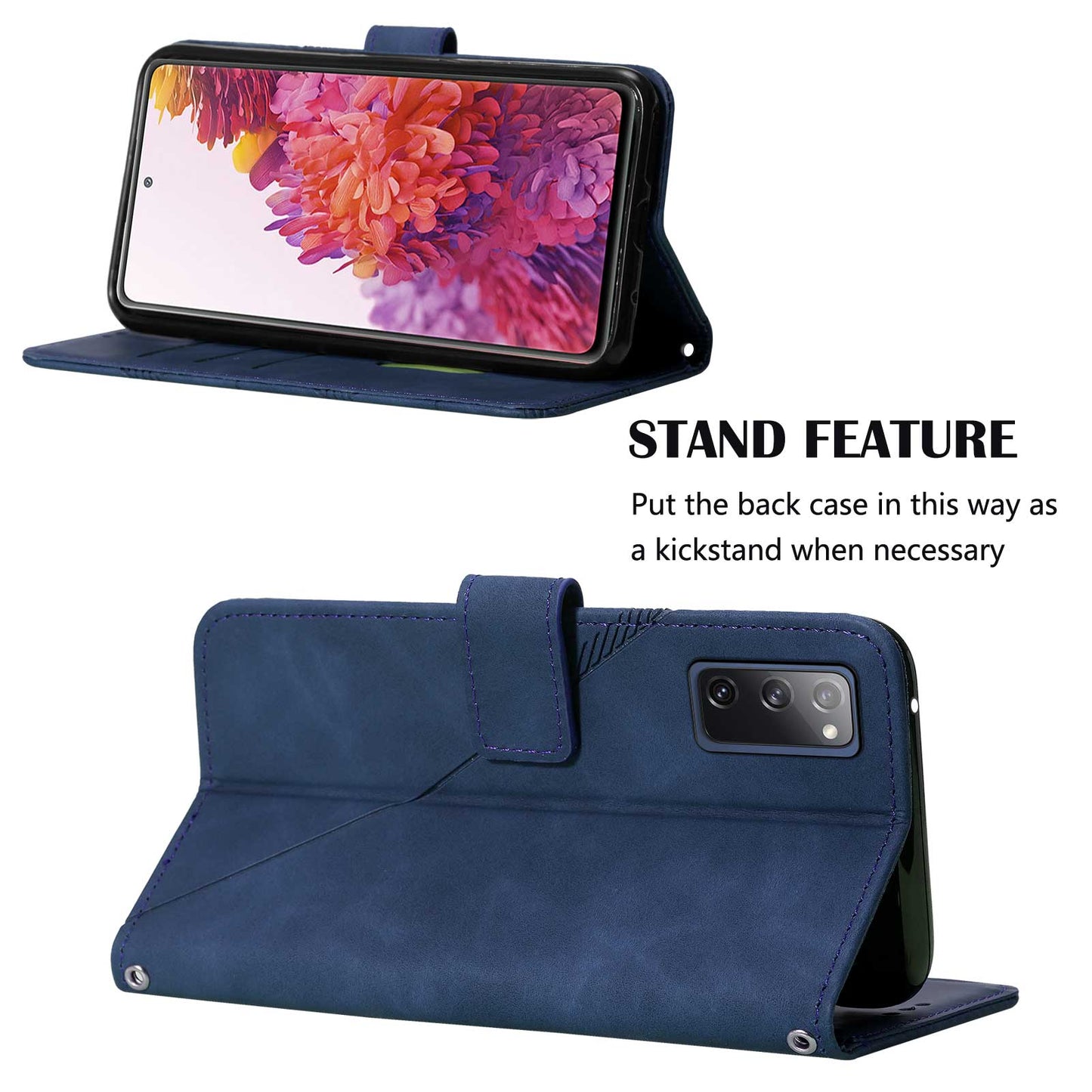 PU Leather Wallet Case Stand Lines Imprinted Flip Protective Cover with Strap for Samsung Galaxy S20 FE 2022/S20 FE/S20 FE 5G / S20 Lite - Sapphire