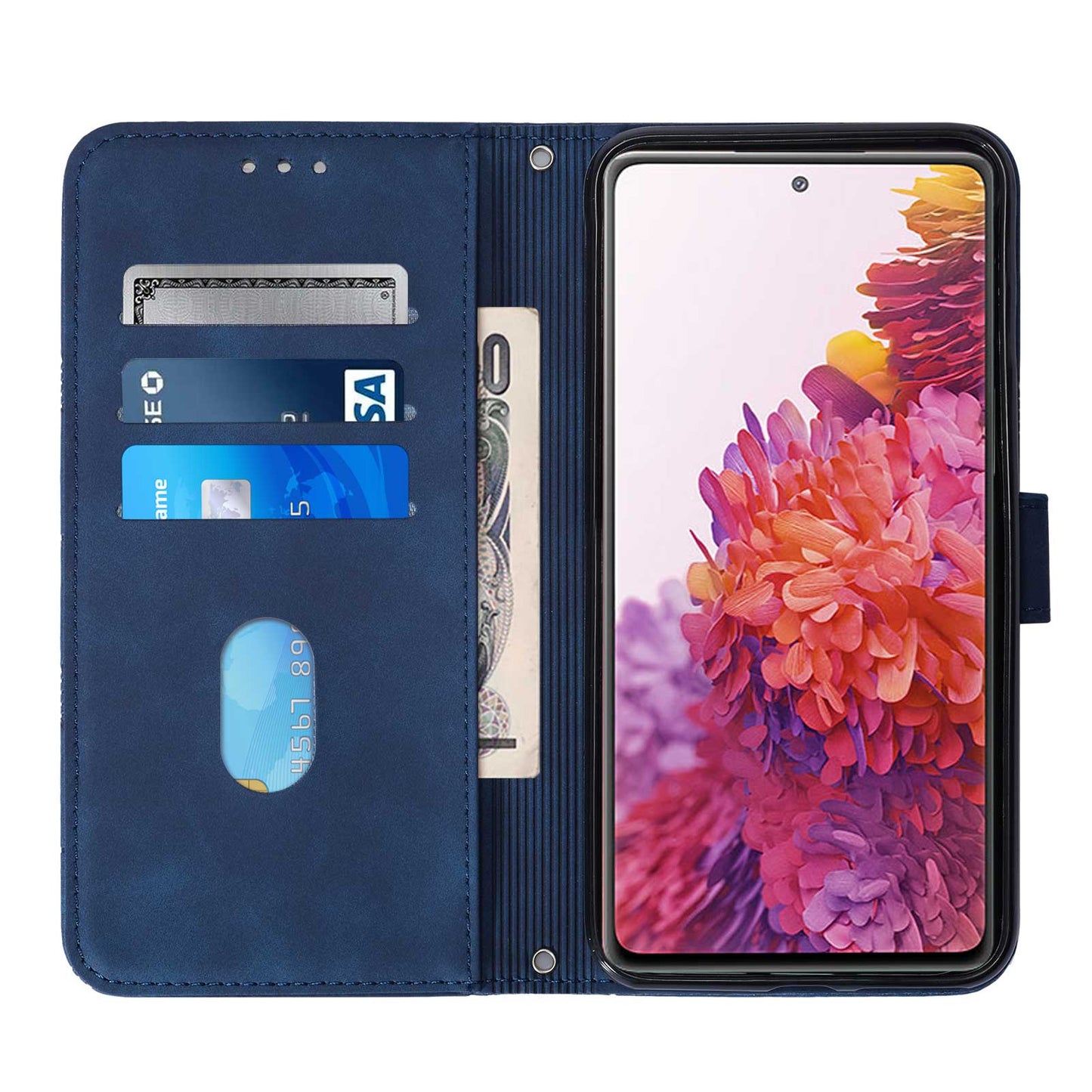 PU Leather Wallet Case Stand Lines Imprinted Flip Protective Cover with Strap for Samsung Galaxy S20 FE 2022/S20 FE/S20 FE 5G / S20 Lite - Sapphire
