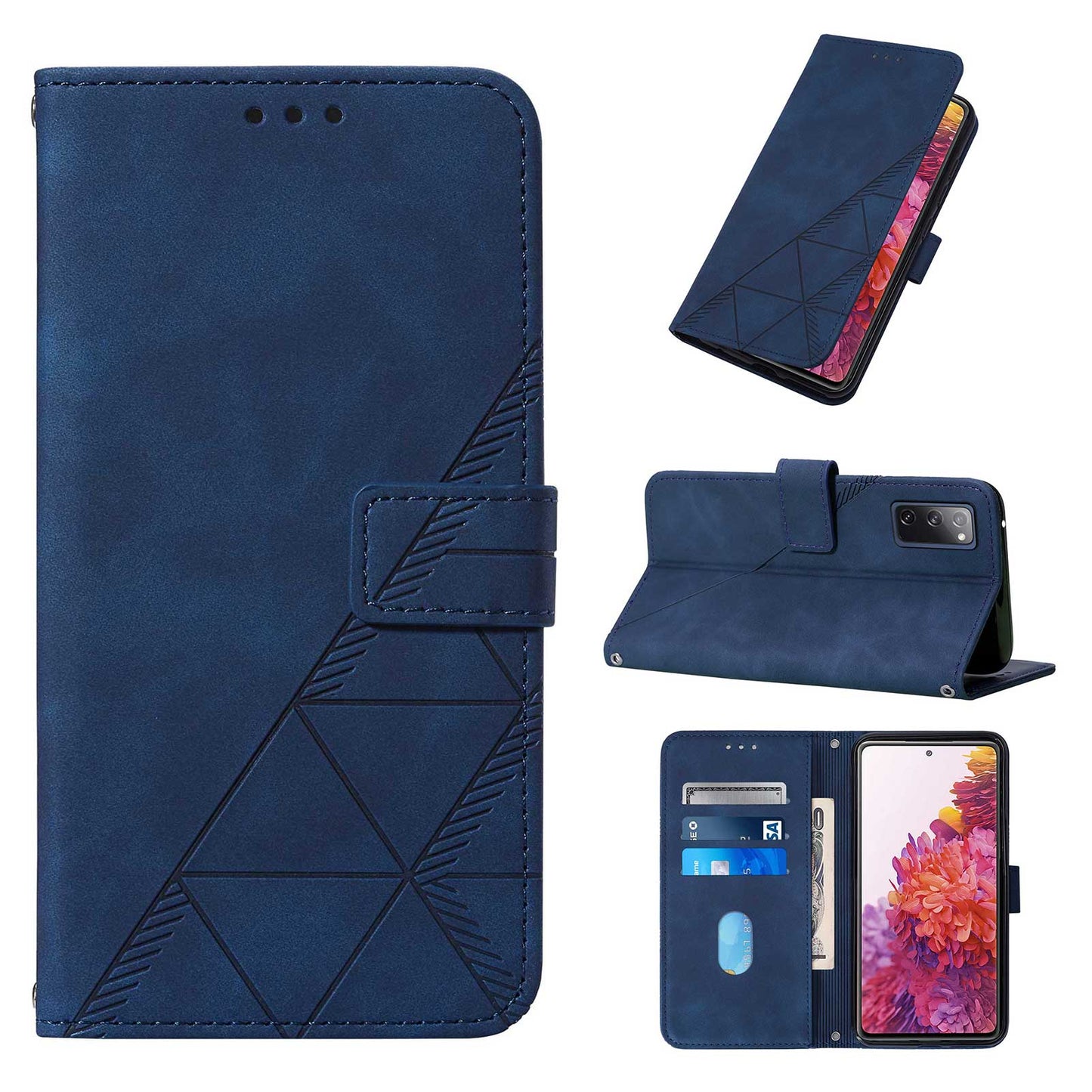 PU Leather Wallet Case Stand Lines Imprinted Flip Protective Cover with Strap for Samsung Galaxy S20 FE 2022/S20 FE/S20 FE 5G / S20 Lite - Sapphire
