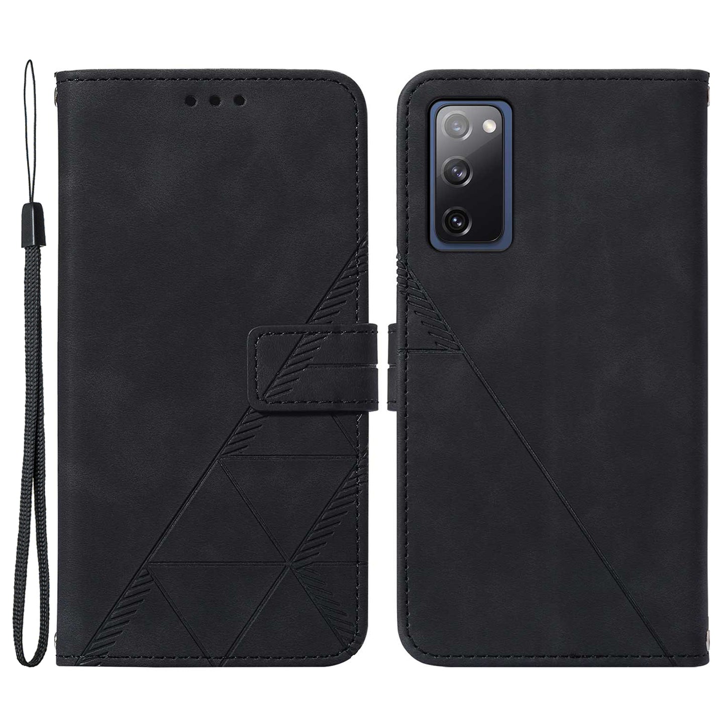 PU Leather Wallet Case Stand Lines Imprinted Flip Protective Cover with Strap for Samsung Galaxy S20 FE 2022/S20 FE/S20 FE 5G / S20 Lite - Black