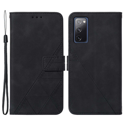 PU Leather Wallet Case Stand Lines Imprinted Flip Protective Cover with Strap for Samsung Galaxy S20 FE 2022/S20 FE/S20 FE 5G / S20 Lite - Black