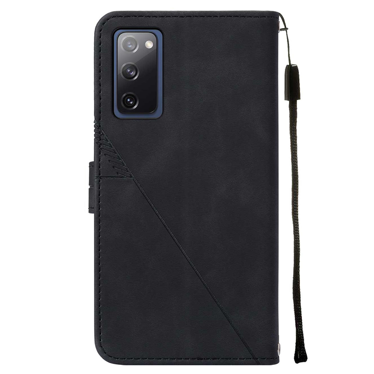 PU Leather Wallet Case Stand Lines Imprinted Flip Protective Cover with Strap for Samsung Galaxy S20 FE 2022/S20 FE/S20 FE 5G / S20 Lite - Black