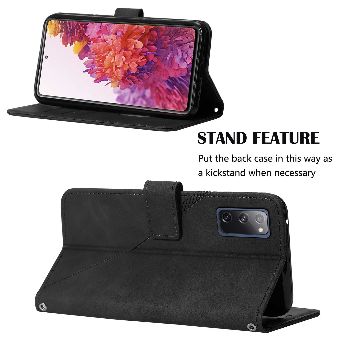 PU Leather Wallet Case Stand Lines Imprinted Flip Protective Cover with Strap for Samsung Galaxy S20 FE 2022/S20 FE/S20 FE 5G / S20 Lite - Black