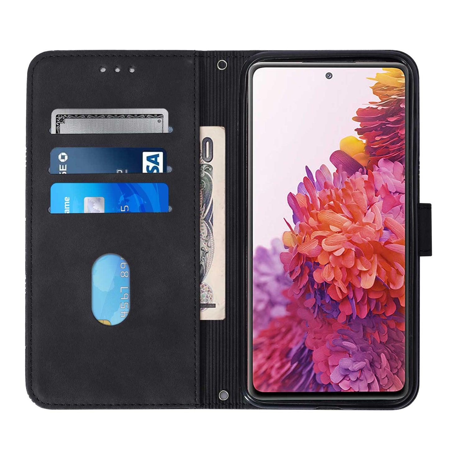 PU Leather Wallet Case Stand Lines Imprinted Flip Protective Cover with Strap for Samsung Galaxy S20 FE 2022/S20 FE/S20 FE 5G / S20 Lite - Black