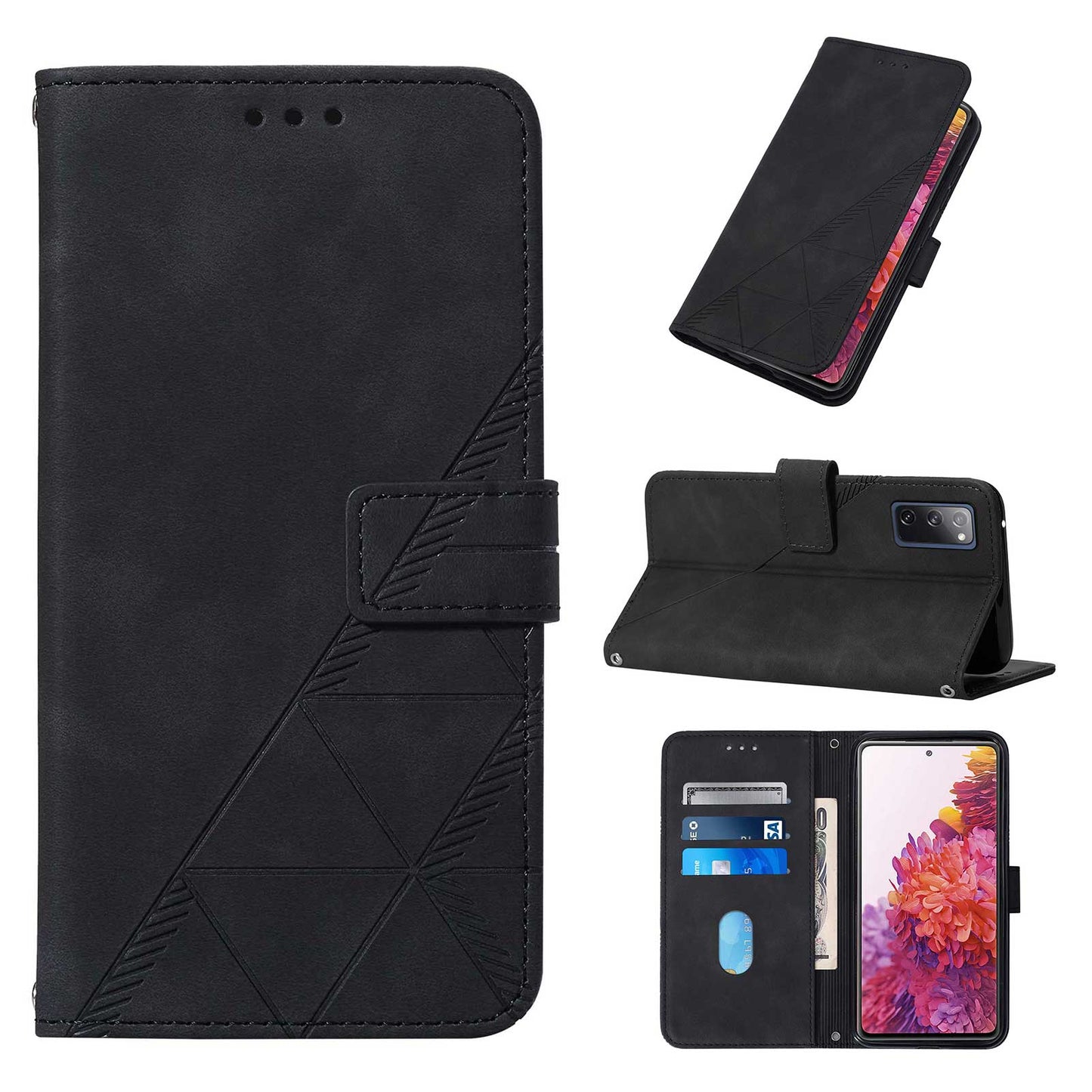PU Leather Wallet Case Stand Lines Imprinted Flip Protective Cover with Strap for Samsung Galaxy S20 FE 2022/S20 FE/S20 FE 5G / S20 Lite - Black