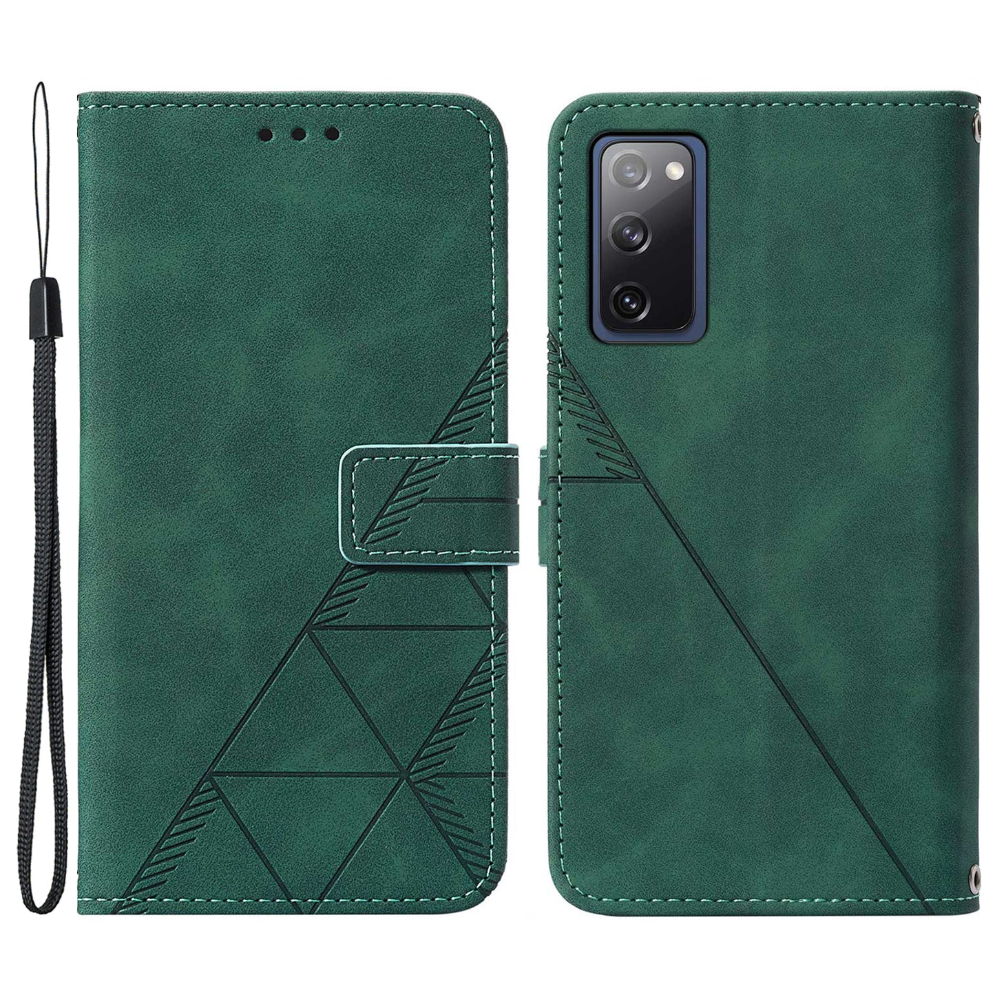 PU Leather Wallet Case Stand Lines Imprinted Flip Protective Cover with Strap for Samsung Galaxy S20 FE 2022/S20 FE/S20 FE 5G / S20 Lite - Blackish Green