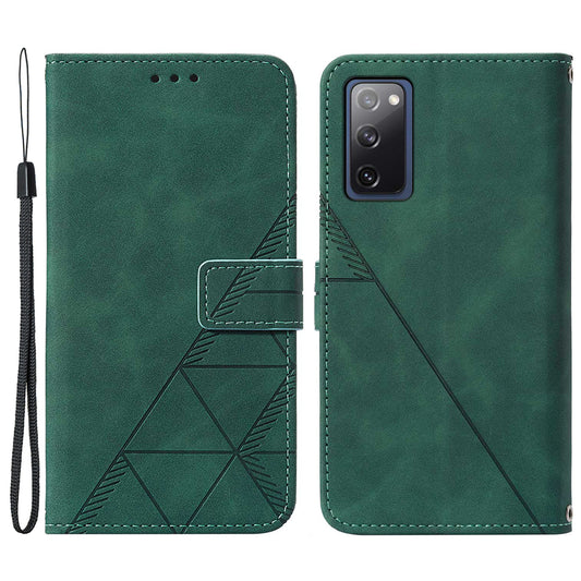 PU Leather Wallet Case Stand Lines Imprinted Flip Protective Cover with Strap for Samsung Galaxy S20 FE 2022/S20 FE/S20 FE 5G / S20 Lite - Blackish Green