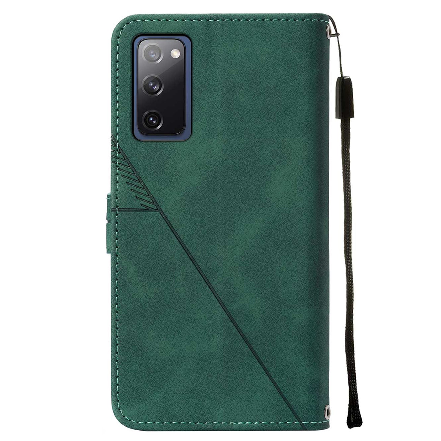 PU Leather Wallet Case Stand Lines Imprinted Flip Protective Cover with Strap for Samsung Galaxy S20 FE 2022/S20 FE/S20 FE 5G / S20 Lite - Blackish Green