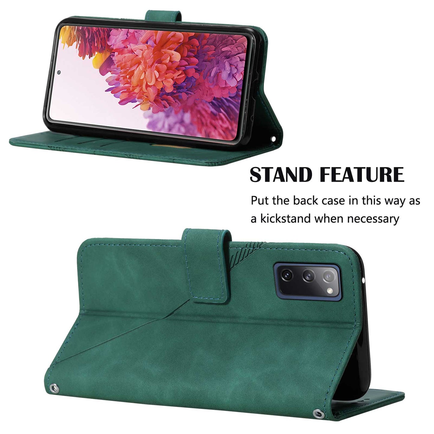 PU Leather Wallet Case Stand Lines Imprinted Flip Protective Cover with Strap for Samsung Galaxy S20 FE 2022/S20 FE/S20 FE 5G / S20 Lite - Blackish Green