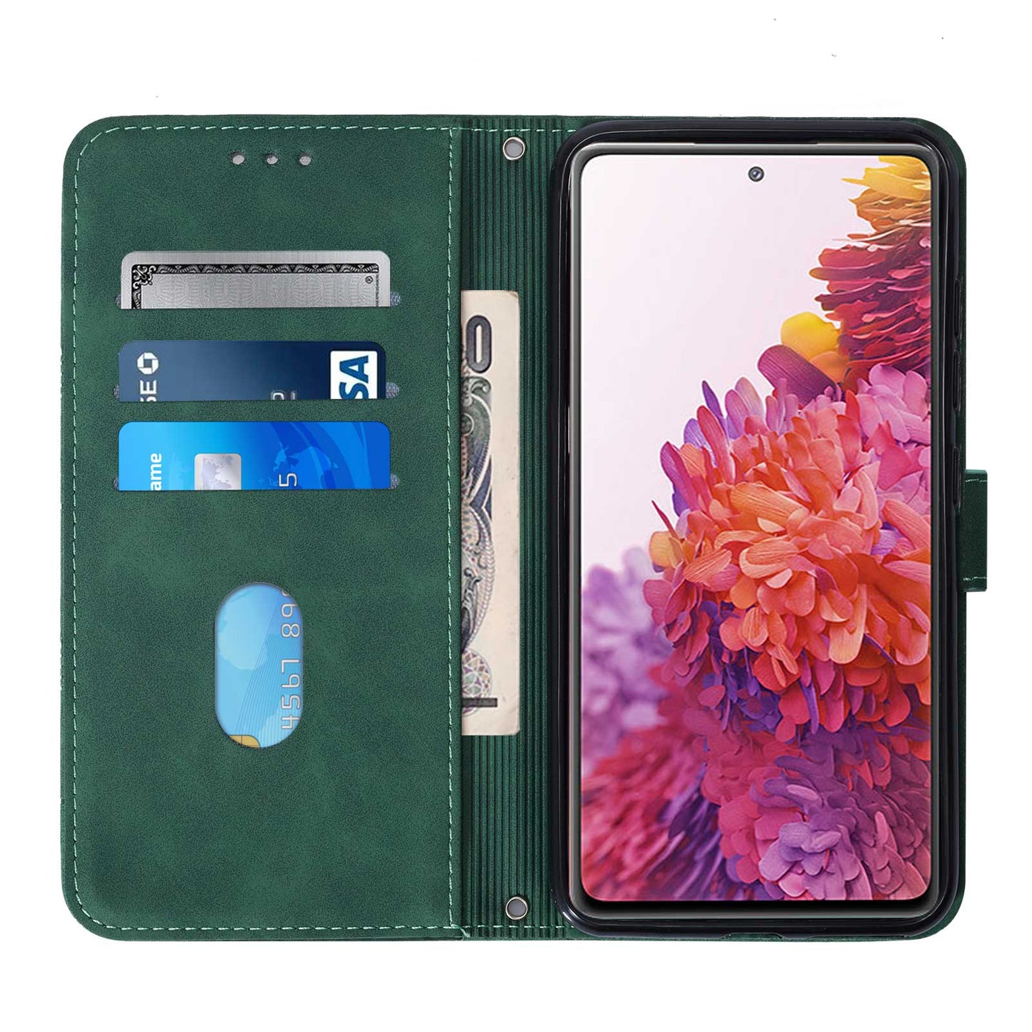 PU Leather Wallet Case Stand Lines Imprinted Flip Protective Cover with Strap for Samsung Galaxy S20 FE 2022/S20 FE/S20 FE 5G / S20 Lite - Blackish Green