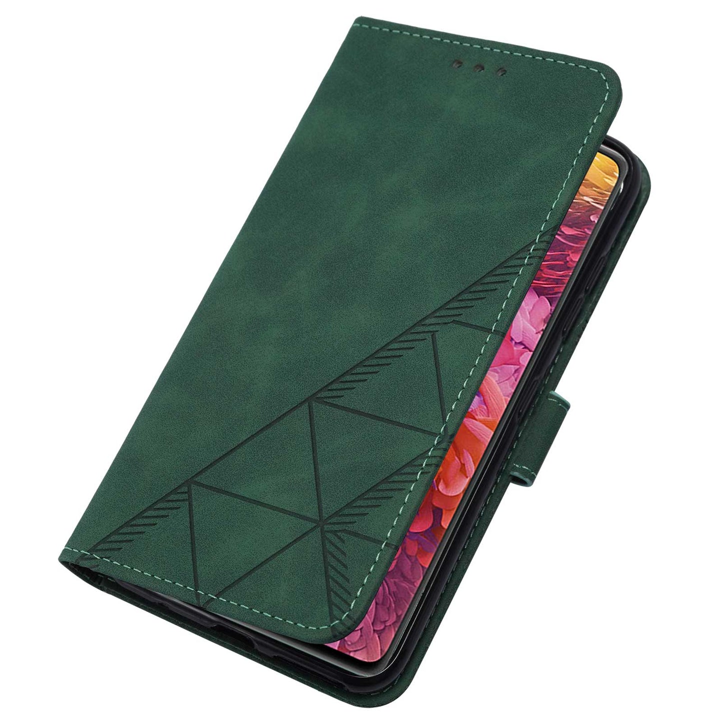 PU Leather Wallet Case Stand Lines Imprinted Flip Protective Cover with Strap for Samsung Galaxy S20 FE 2022/S20 FE/S20 FE 5G / S20 Lite - Blackish Green