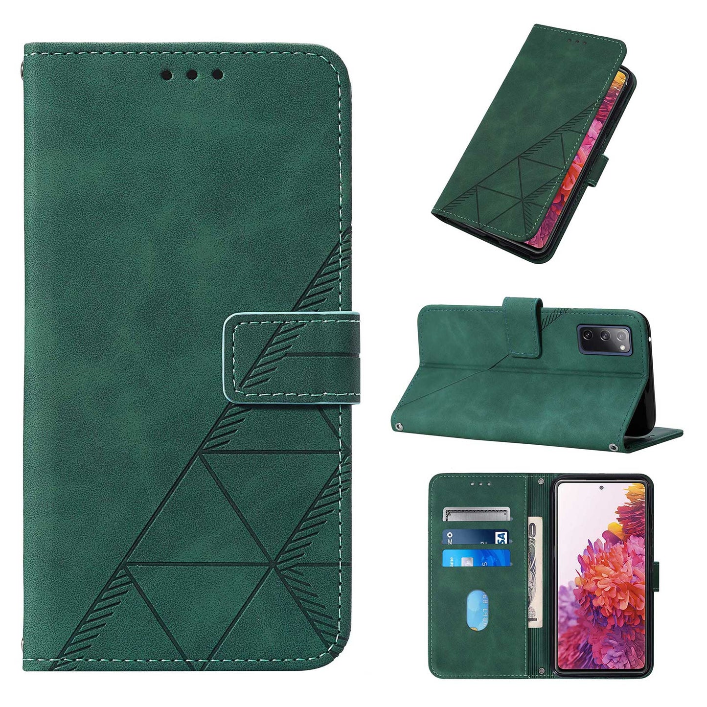 PU Leather Wallet Case Stand Lines Imprinted Flip Protective Cover with Strap for Samsung Galaxy S20 FE 2022/S20 FE/S20 FE 5G / S20 Lite - Blackish Green