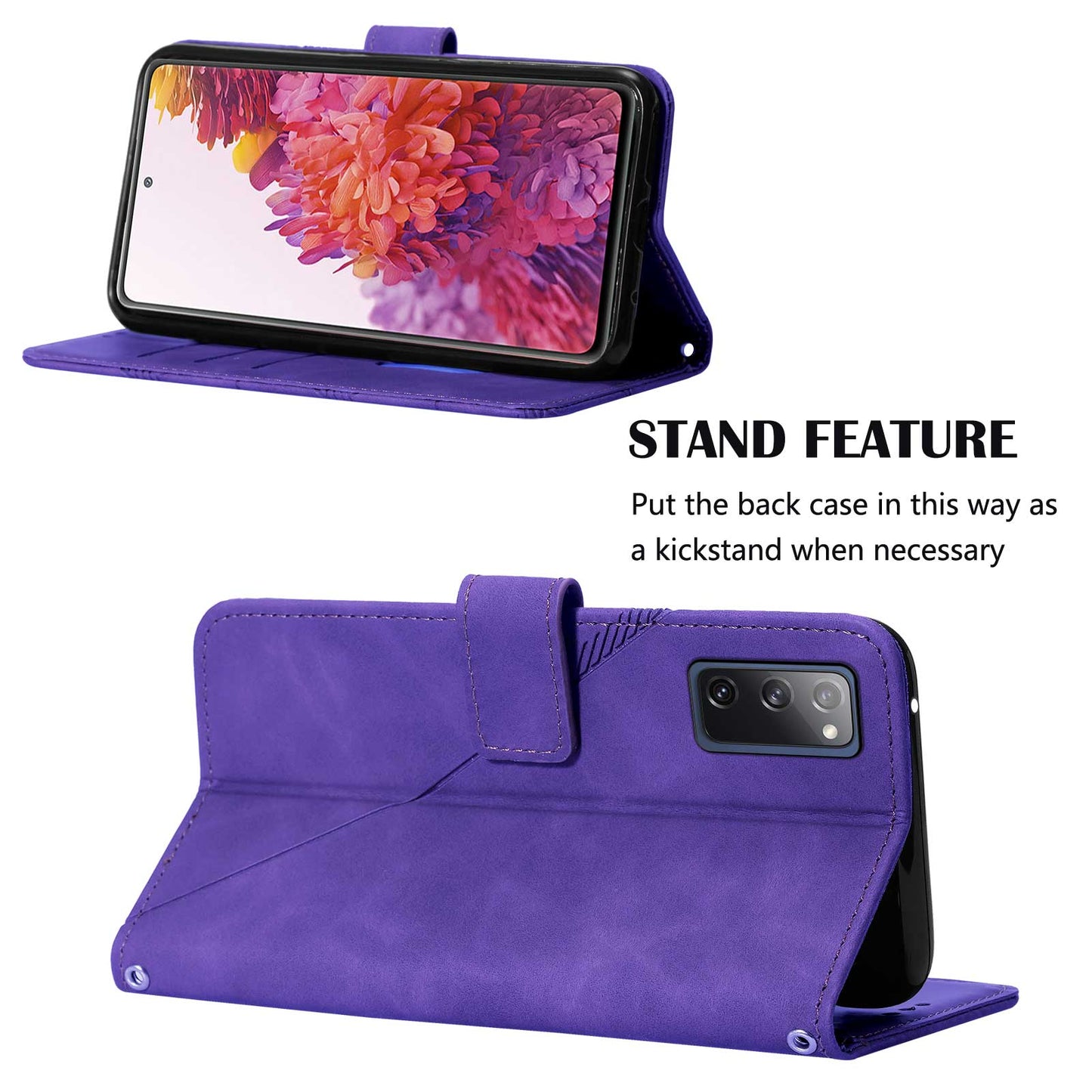 PU Leather Wallet Case Stand Lines Imprinted Flip Protective Cover with Strap for Samsung Galaxy S20 FE 2022/S20 FE/S20 FE 5G / S20 Lite - Purple