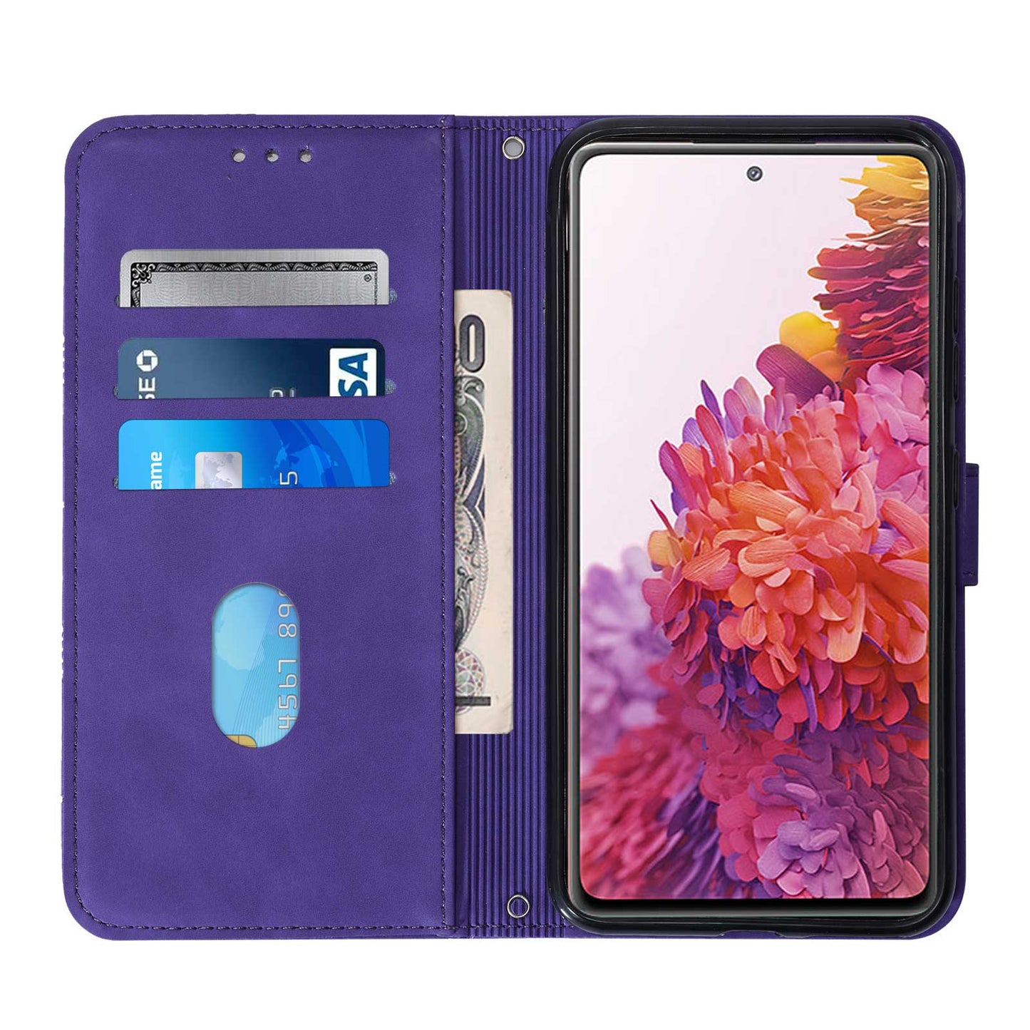 PU Leather Wallet Case Stand Lines Imprinted Flip Protective Cover with Strap for Samsung Galaxy S20 FE 2022/S20 FE/S20 FE 5G / S20 Lite - Purple