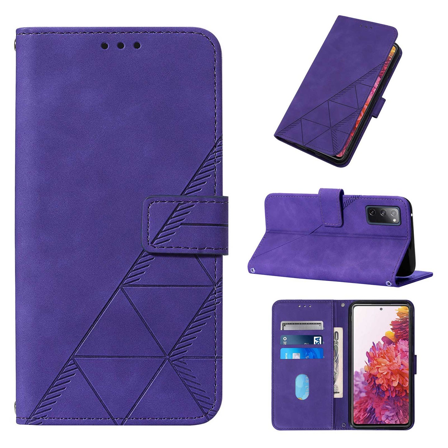 PU Leather Wallet Case Stand Lines Imprinted Flip Protective Cover with Strap for Samsung Galaxy S20 FE 2022/S20 FE/S20 FE 5G / S20 Lite - Purple