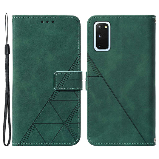 PU Leather Imprinting Lines Wallet Case Stand Feature Shockproof TPU Shell with Strap for Samsung Galaxy S20 4G/S20 5G - Blackish Green