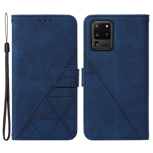 Imprinting Lines PU Leather Folio Flip Wallet Case Stand Magnetic Closure TPU Interior Phone Cover with Strap for Samsung Galaxy S20 Ultra - Sapphire