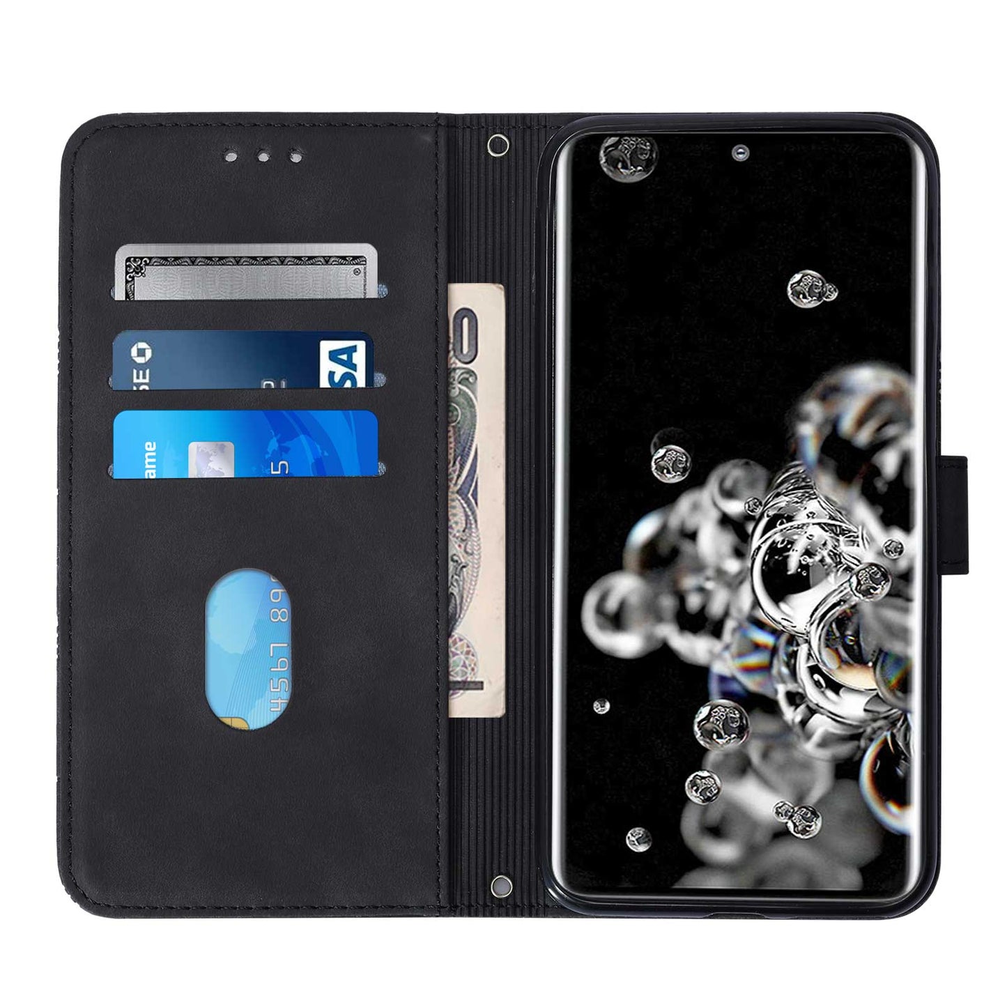 Imprinting Lines PU Leather Folio Flip Wallet Case Stand Magnetic Closure TPU Interior Phone Cover with Strap for Samsung Galaxy S20 Ultra - Black
