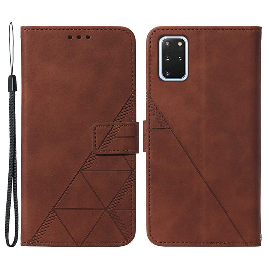 PU Leather + TPU Imprinting Lines Wallet Stand Phone Case Shell for Samsung Galaxy S20 Plus 4G/5G - Brown