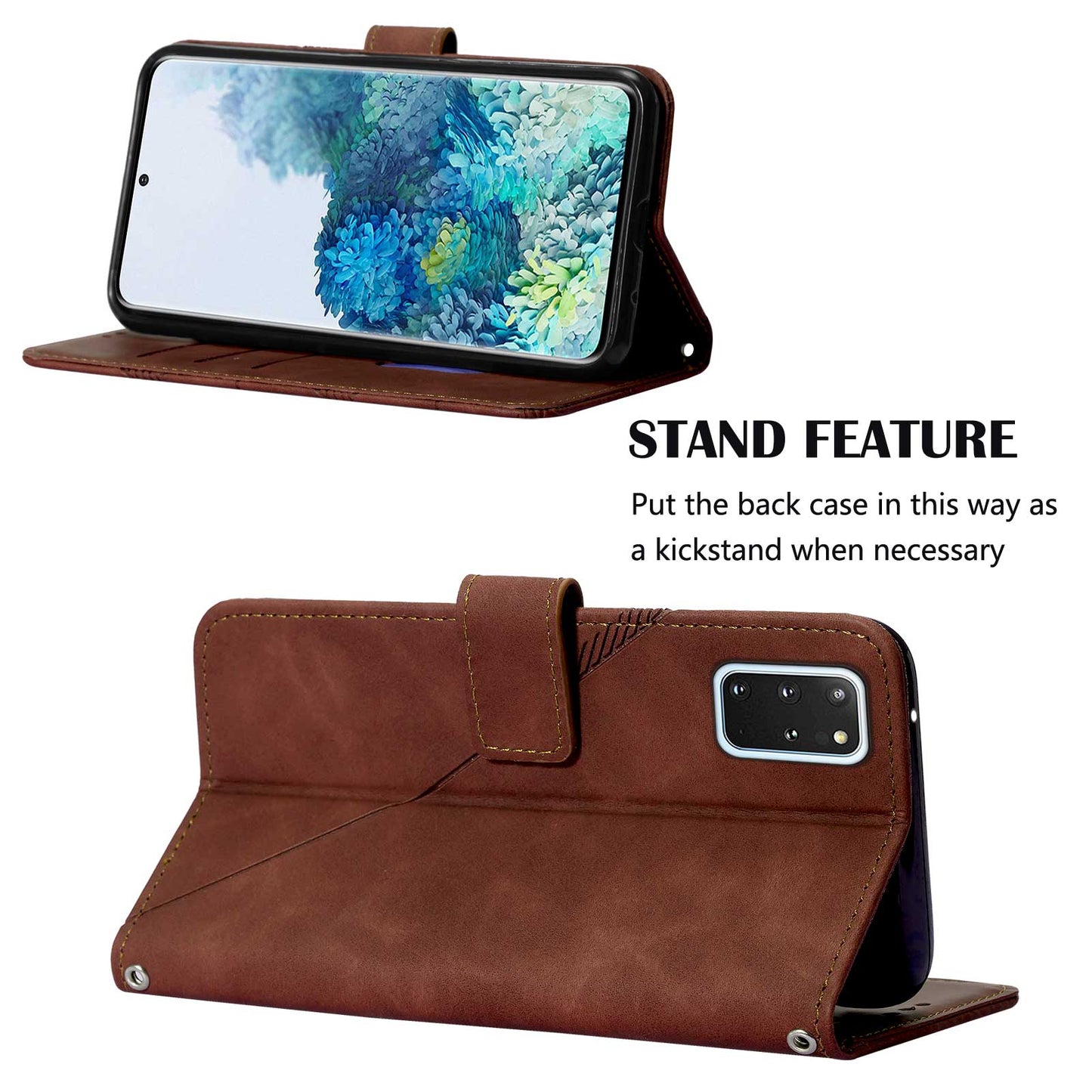 PU Leather + TPU Imprinting Lines Wallet Stand Phone Case Shell for Samsung Galaxy S20 Plus 4G/5G - Brown
