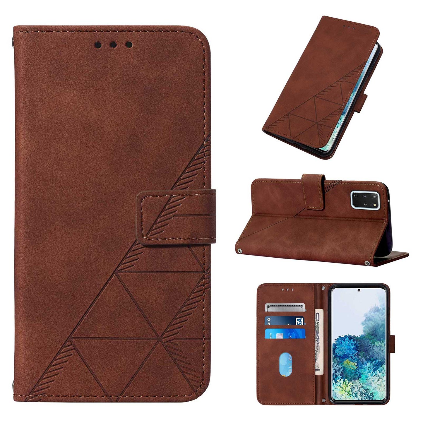 PU Leather + TPU Imprinting Lines Wallet Stand Phone Case Shell for Samsung Galaxy S20 Plus 4G/5G - Brown